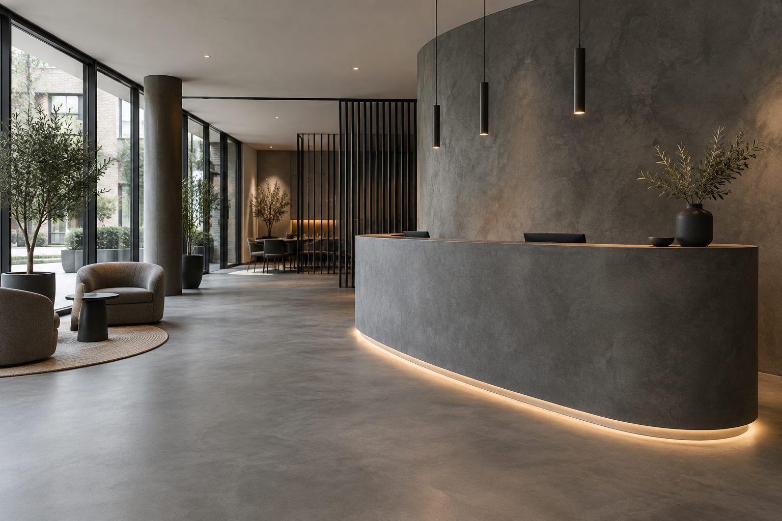 Microcement floor and wall surfaces in a design-led reception