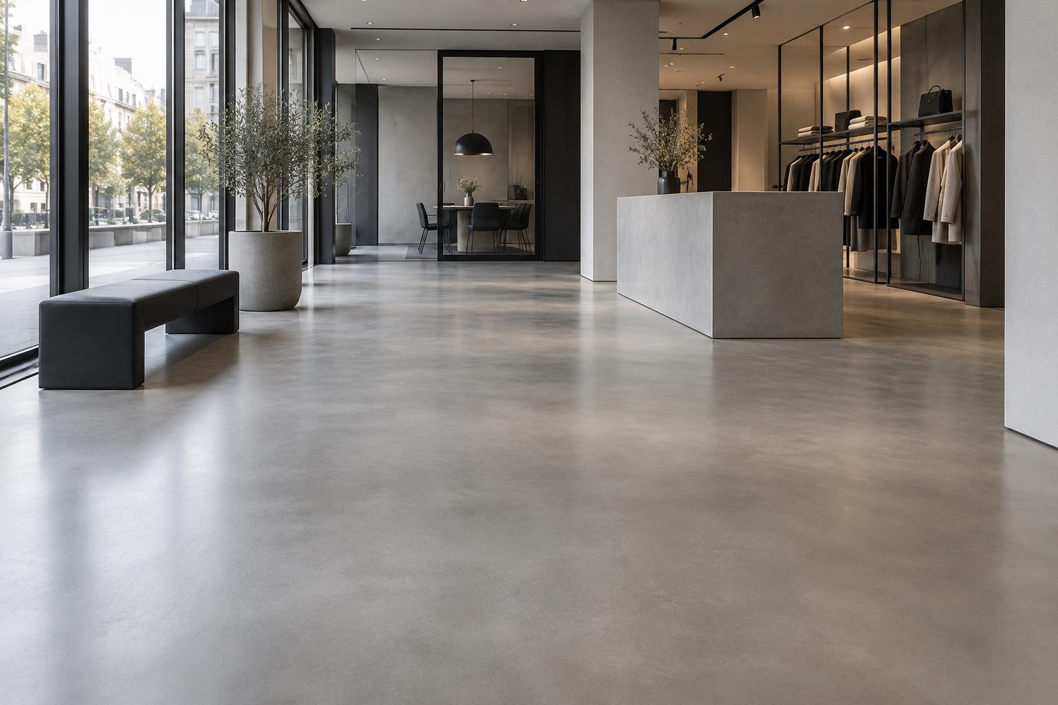 Polished screed finish in a commercial showroom