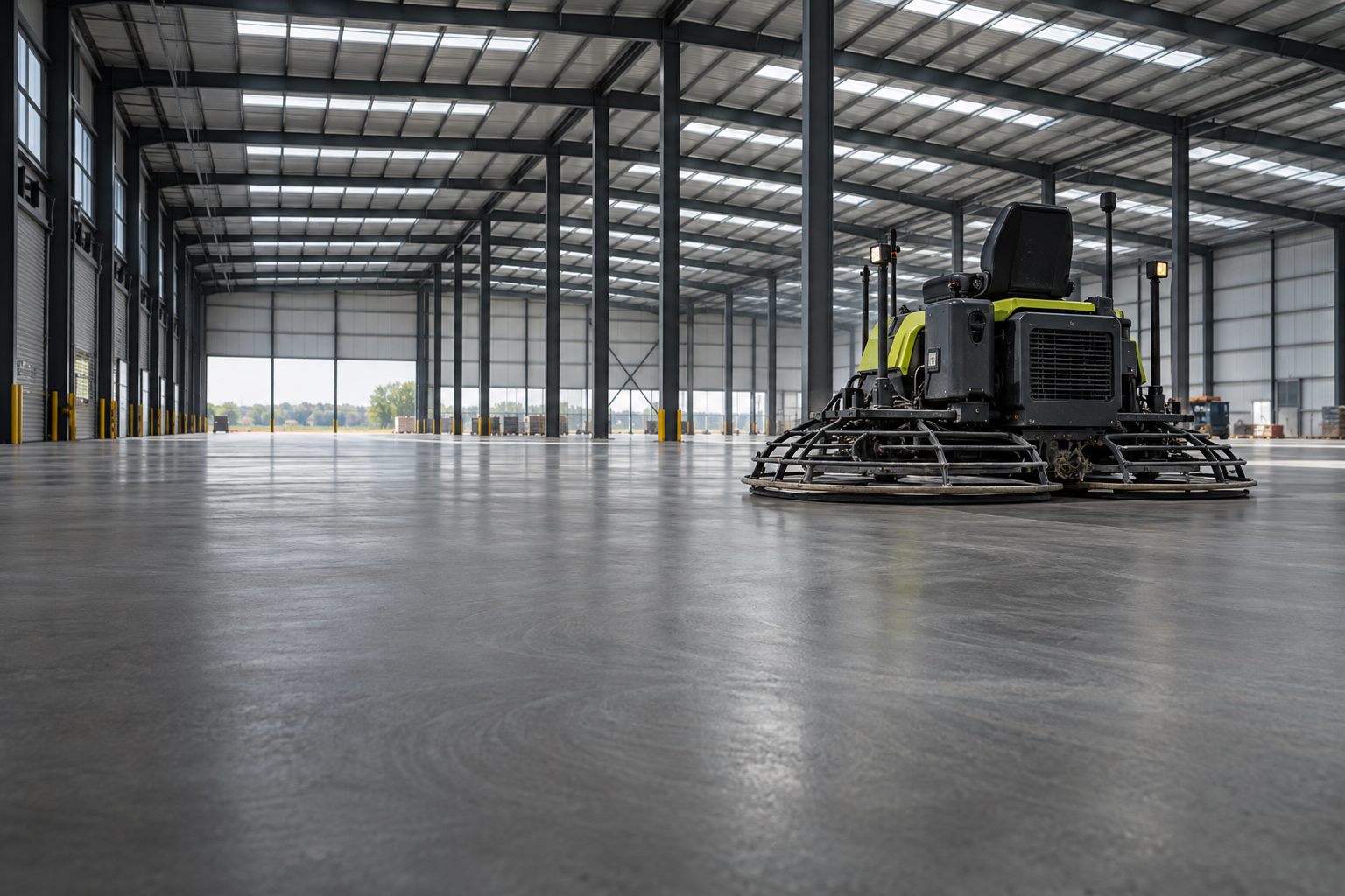 Large power-trowelled concrete floor for warehouse logistics