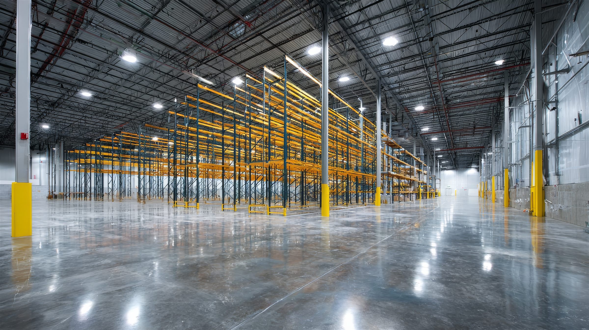 Reflective concrete floor inside a large warehouse with storage racking